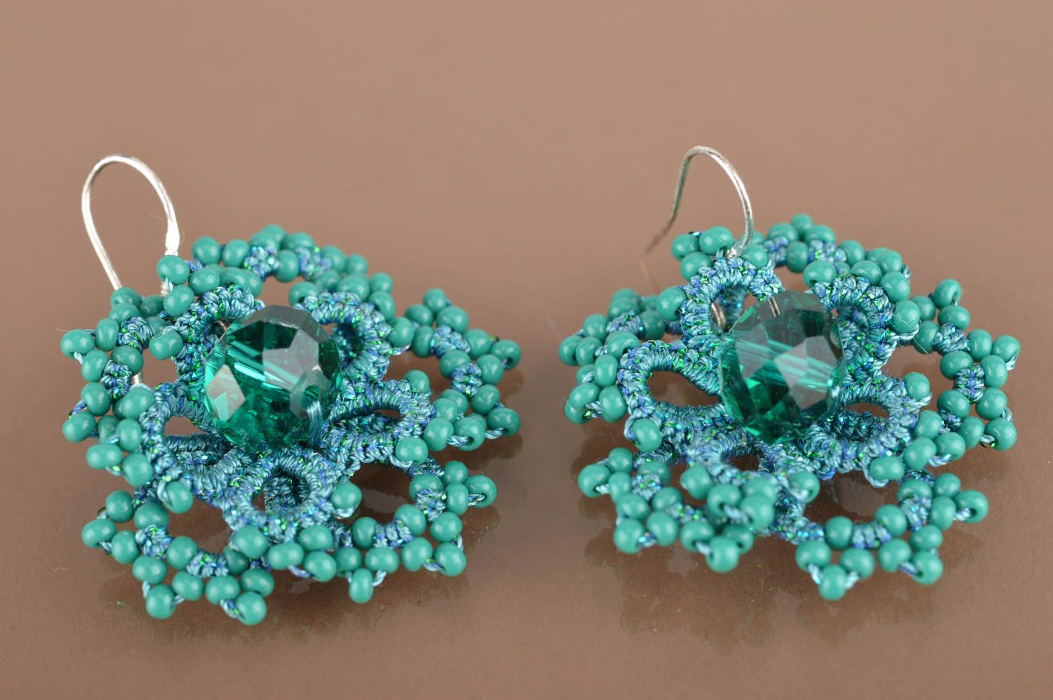 Beautiful green handmade designer tatted earrings with Czech beads Flower photo 2