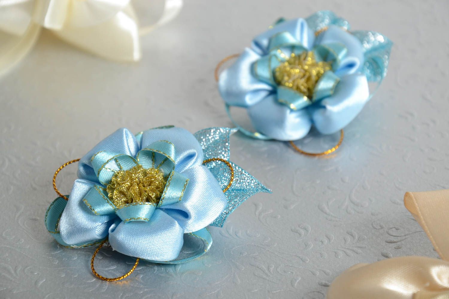 Blue handmade hair clips set of flower hair clips stylish accessories 2 pieces photo 1