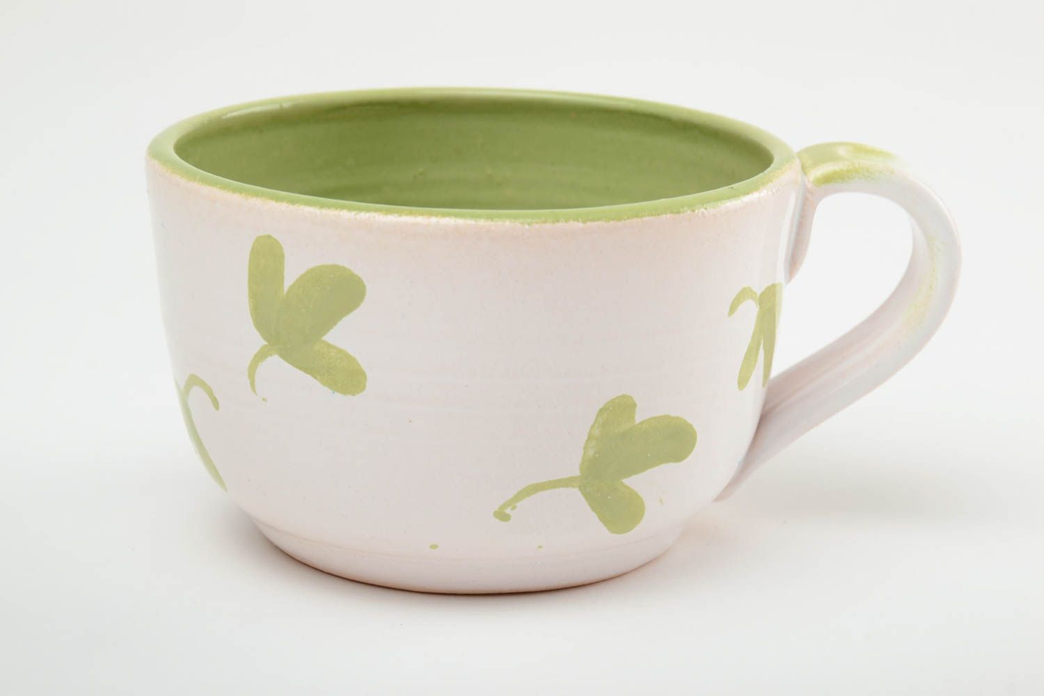 Schöne keramische Tasse aus Ton mit Bemalung hellgrün mit Blättern 350 ml handmade foto 3