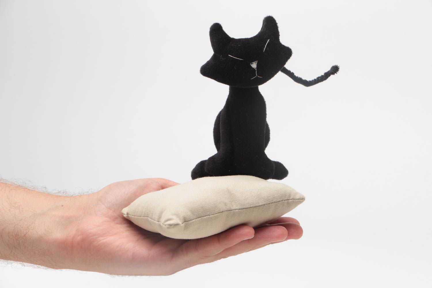 Joli jouet mou fait main en forme de chat noir en tissu polaire original photo 5
