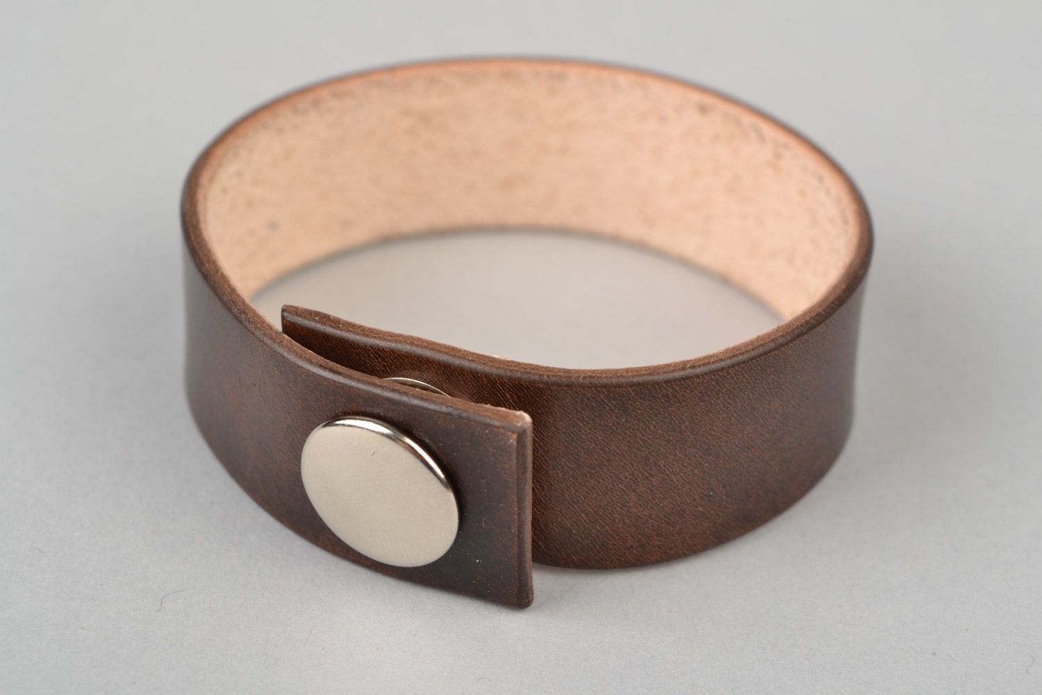 Handmade designer genuine leather wrist bracelet of brown color with stud photo 4
