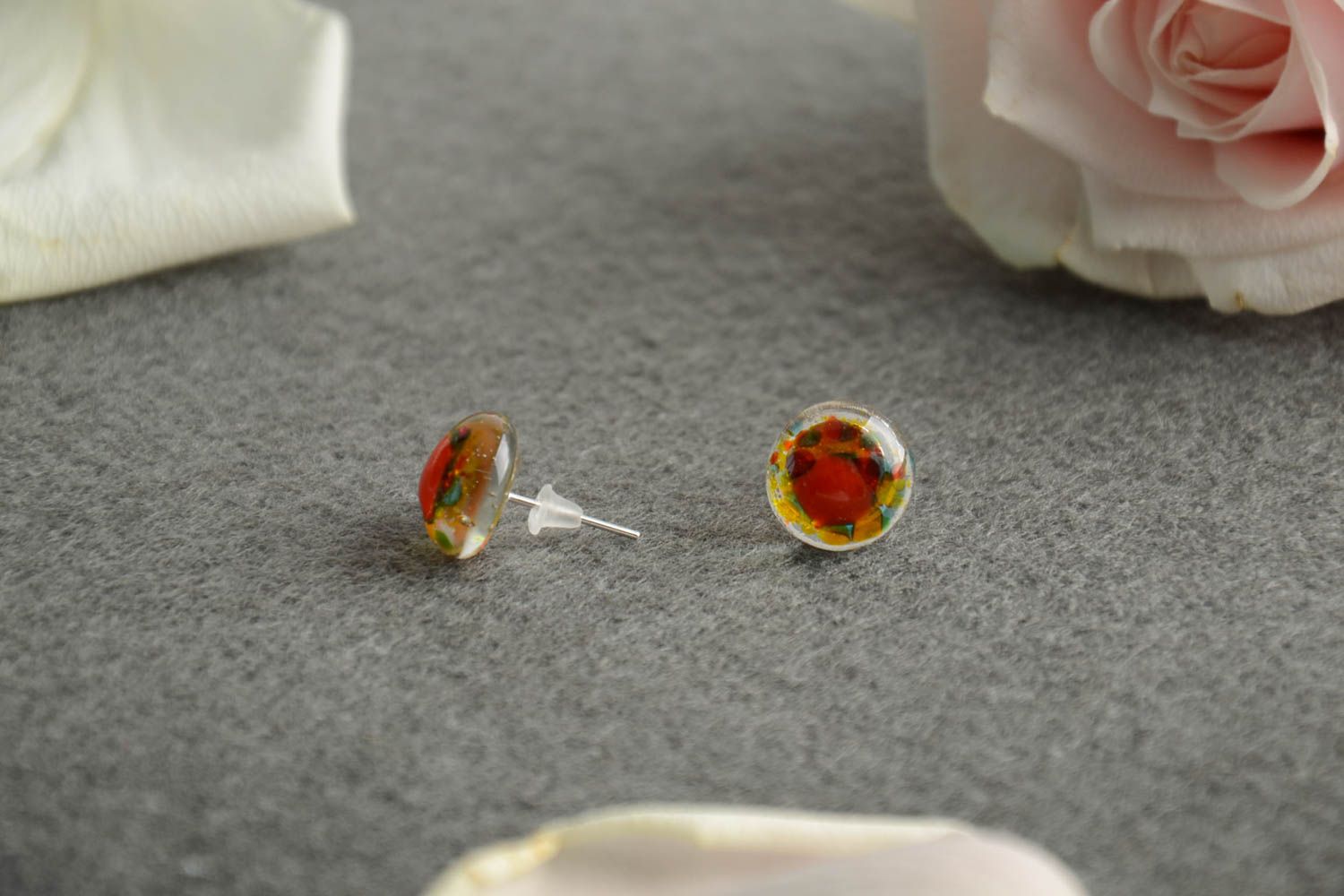 Small stud earrings of round shape glass fusing technique handmade accessory photo 1