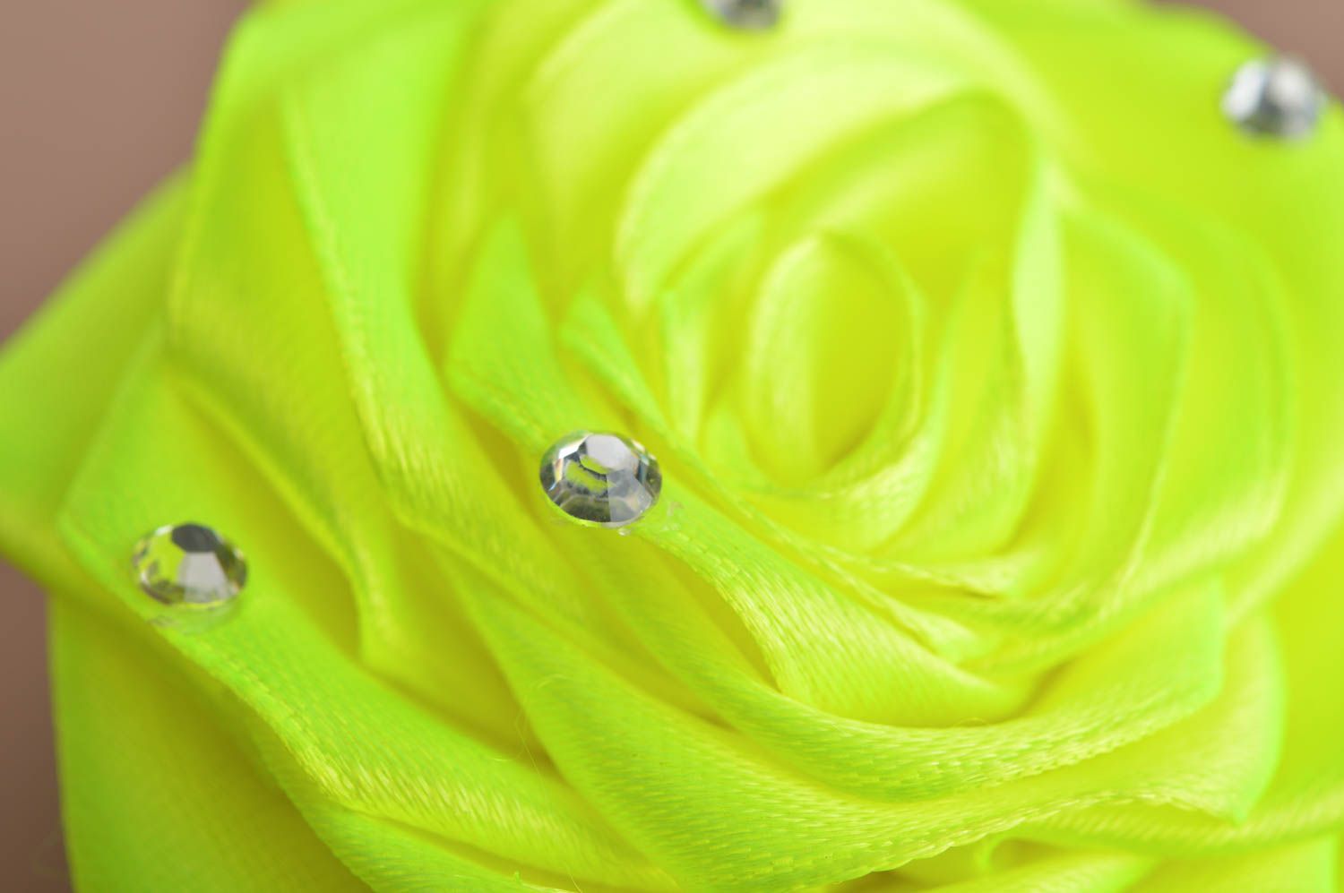 Handmade designer decorative hair tie with bright neon satin ribbon flower photo 4