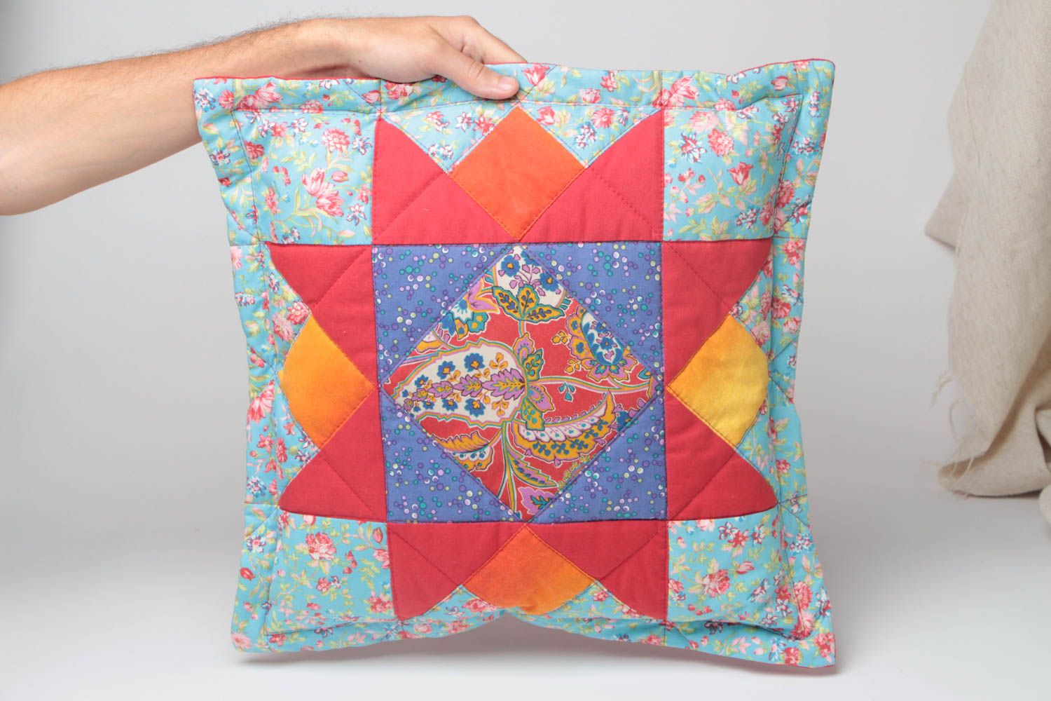 Beautiful handmade designer patchwork accent pillow sewn of cotton fabric photo 5