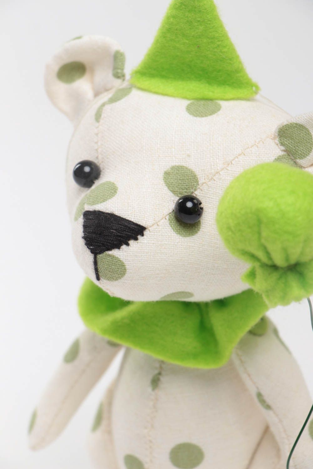 Handmade small light polka dot fabric soft toy bear with green air balloon photo 3