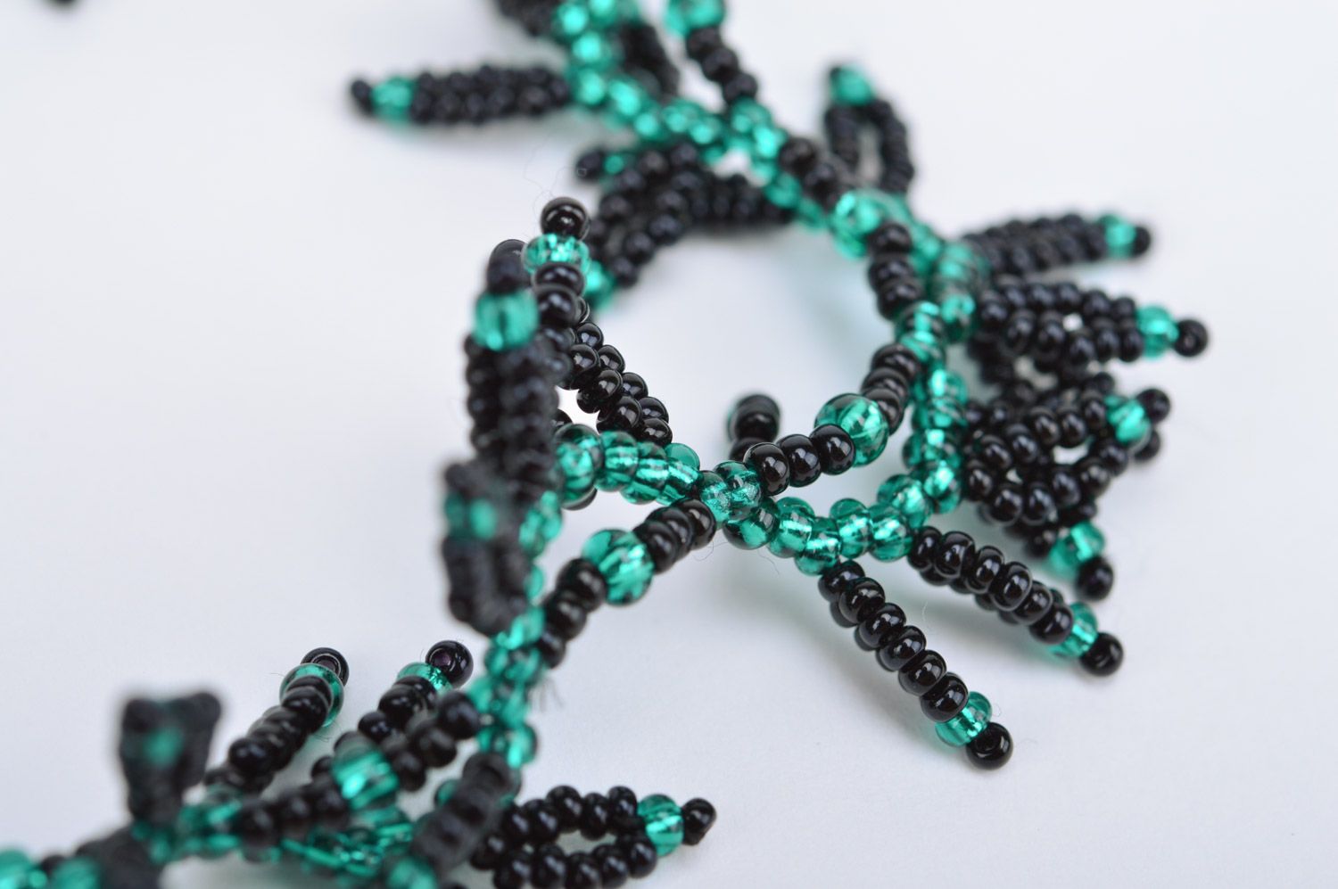 Handmade necklace woven of black and green Czech beads Leaves for women photo 4