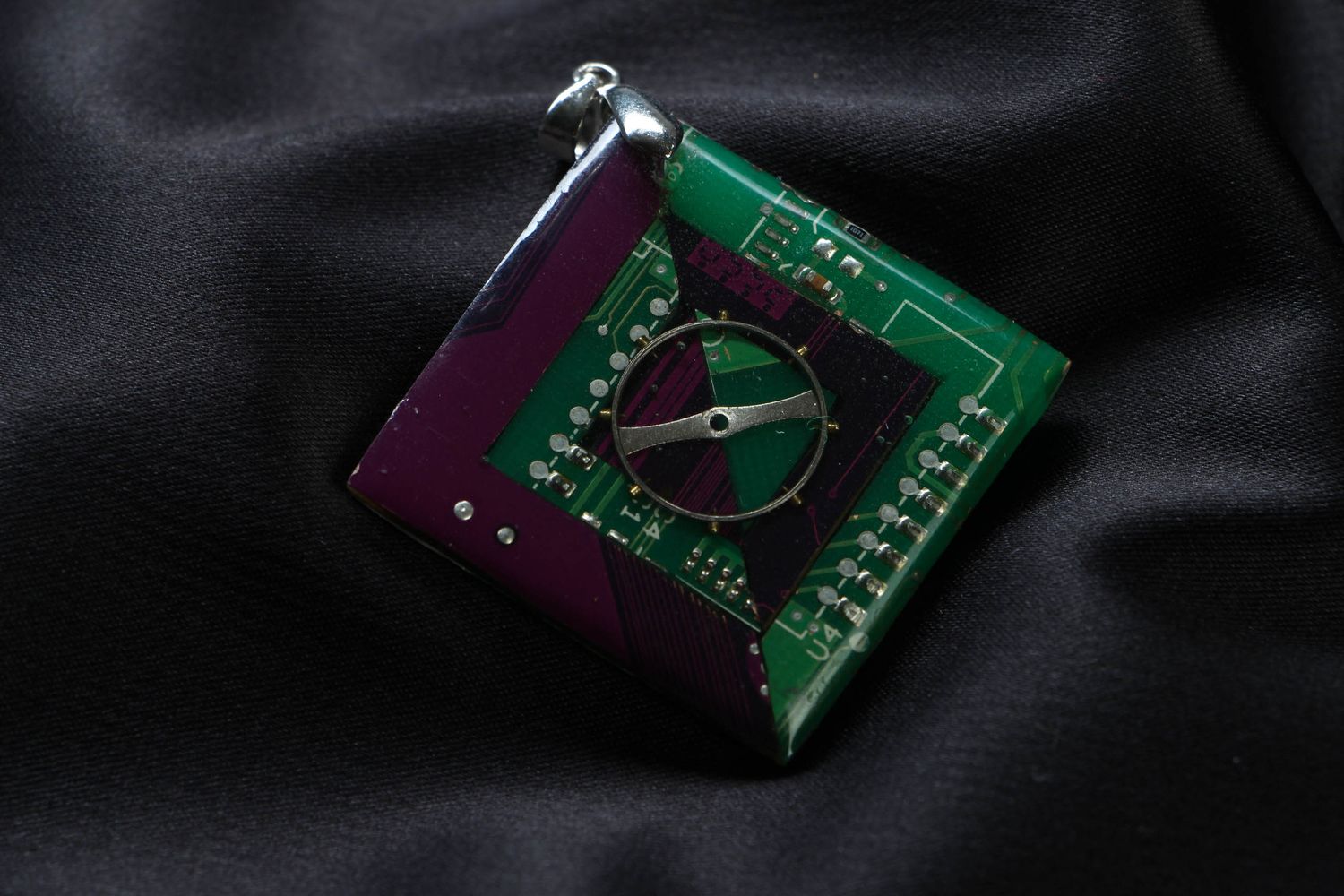 Square cyberpunk pendant with microchips photo 1