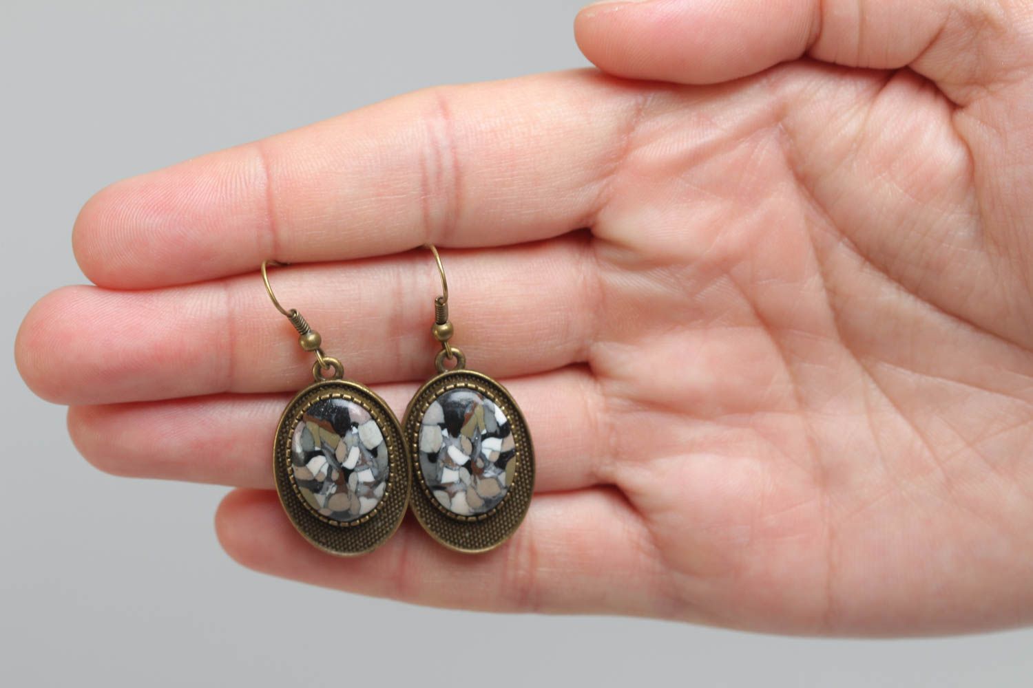 Handmade dark oval polymer clay and metal earrings coated with glass glaze photo 5