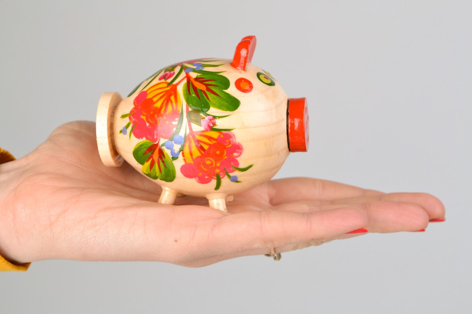Handmade wooden salt cellar in the shape of pig painted in Petrikivka style photo 2