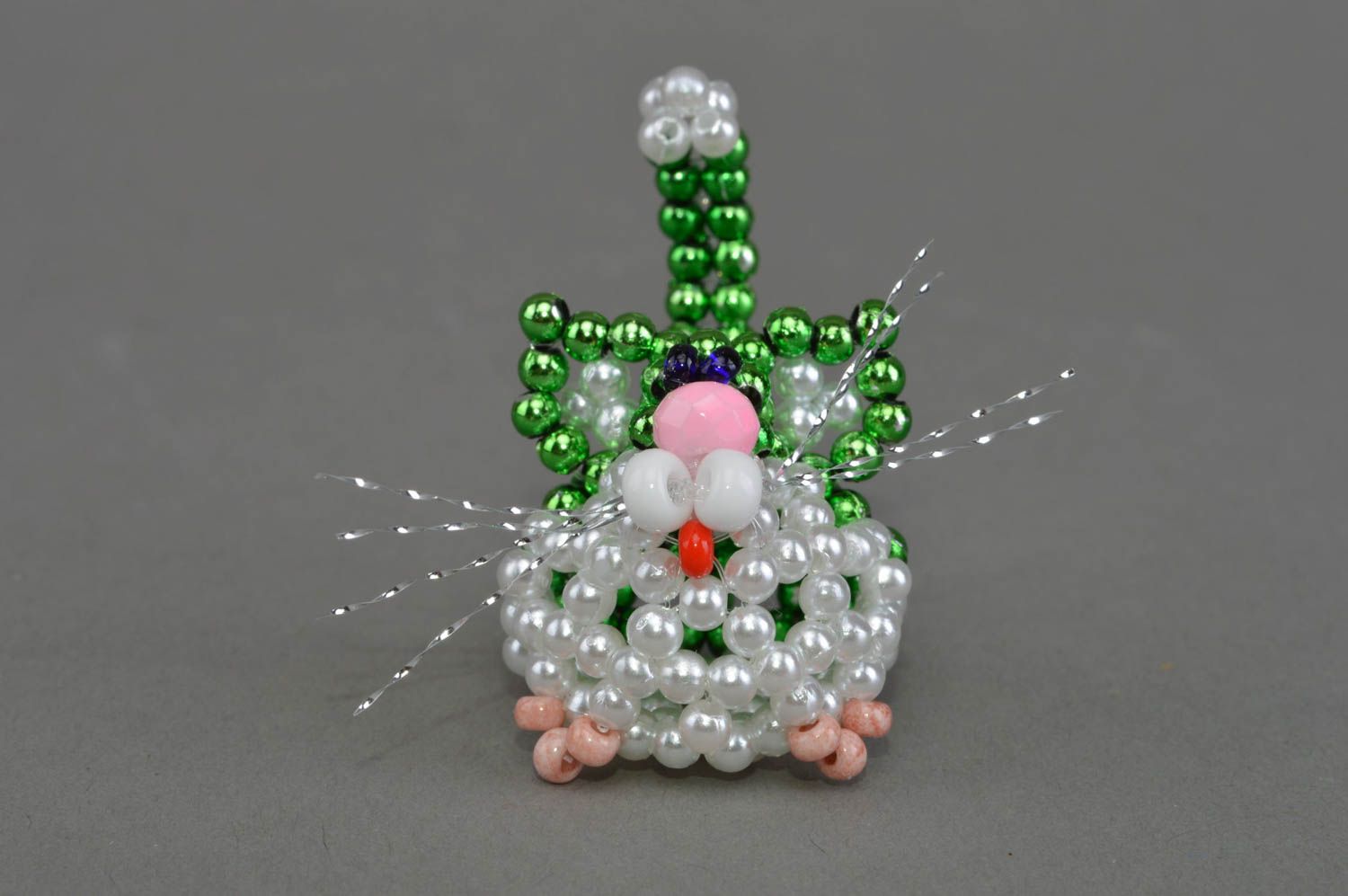 Chat en perles de rocaille figurine décorative faite main vert blanc originale photo 4