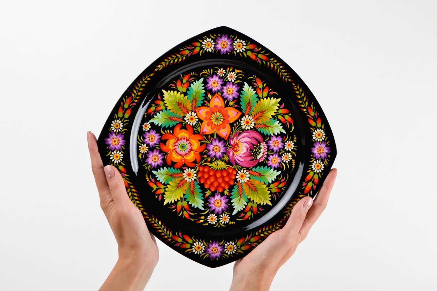 Handmade wooden plate folk art painted plate for decorative use only unique gift photo 2