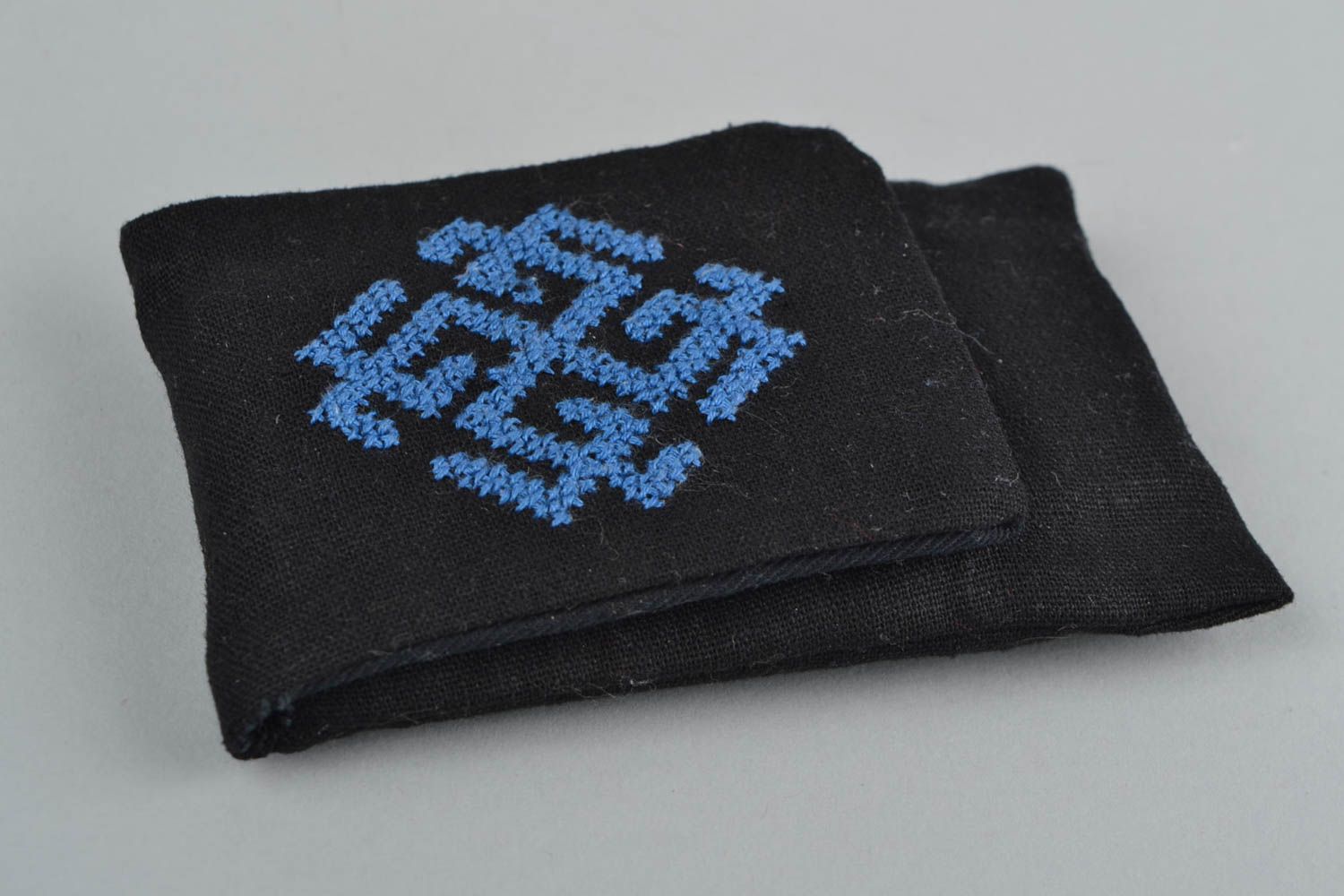 Handmade fabric black mobile phone case with blue ethnic embroidery with velcro photo 1