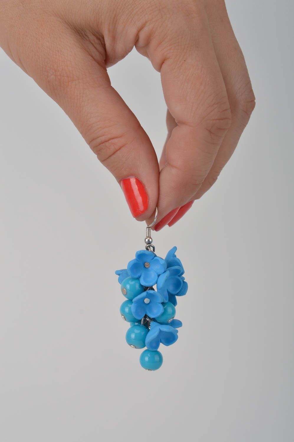 Boucles d'oreilles pendantes Bijou fait main jolies fleurs bleues Cadeau femme photo 2