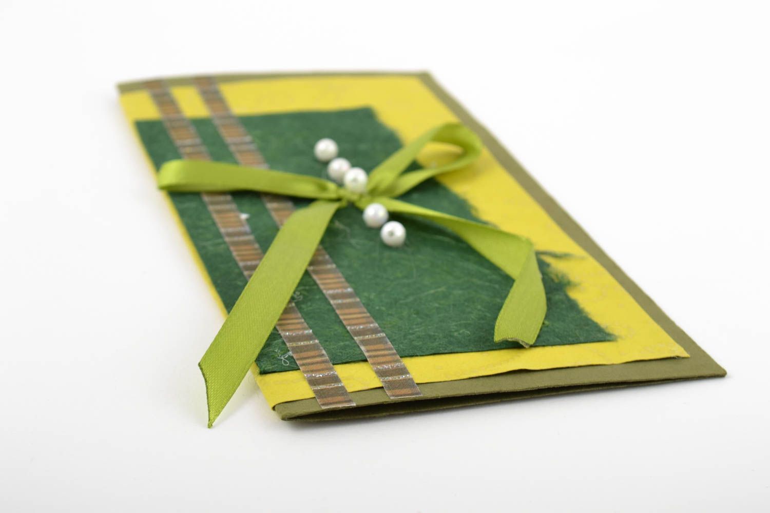 Carte de voeux faite main verte en carton avec noeud Petit cadeau original photo 4