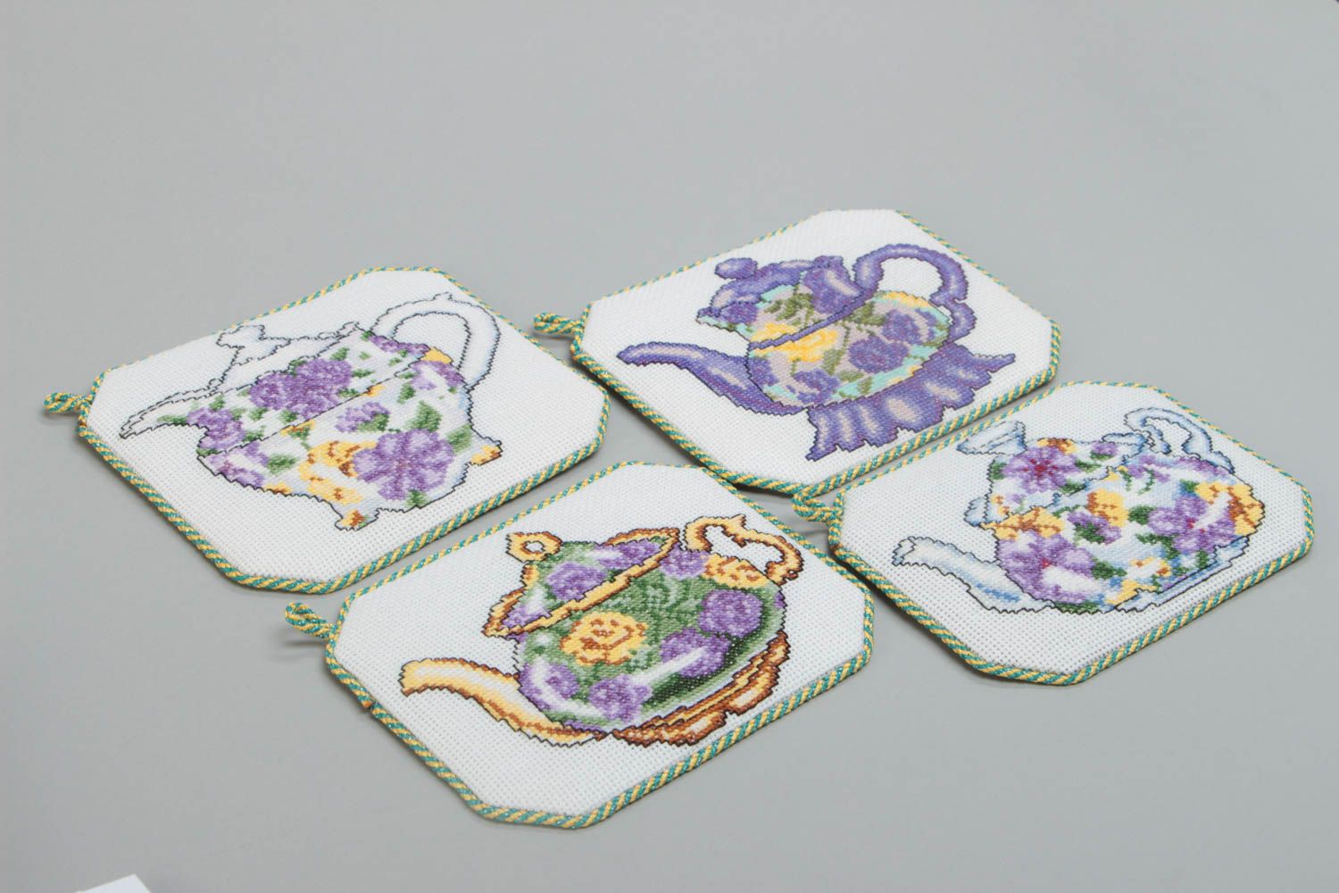 Set of 4 handmade decorative fabric coasters for drinks with embroidery Cups photo 4