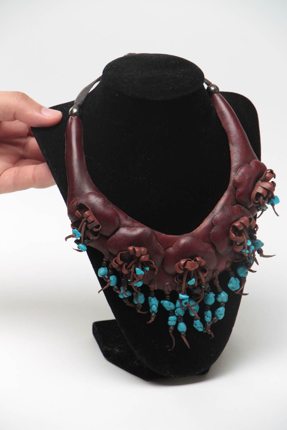 Handmade massive brown genuine leather necklace in ethnic style with turquoise photo 5