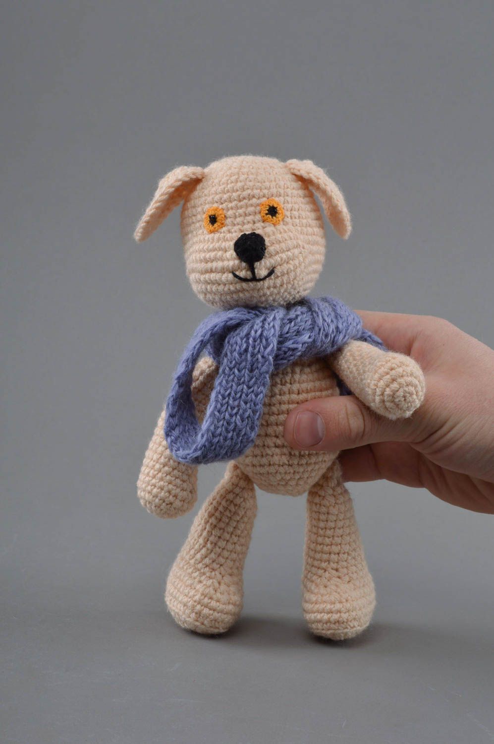 Beautiful handmade children's blue crochet soft toy Dog with scarf  photo 4