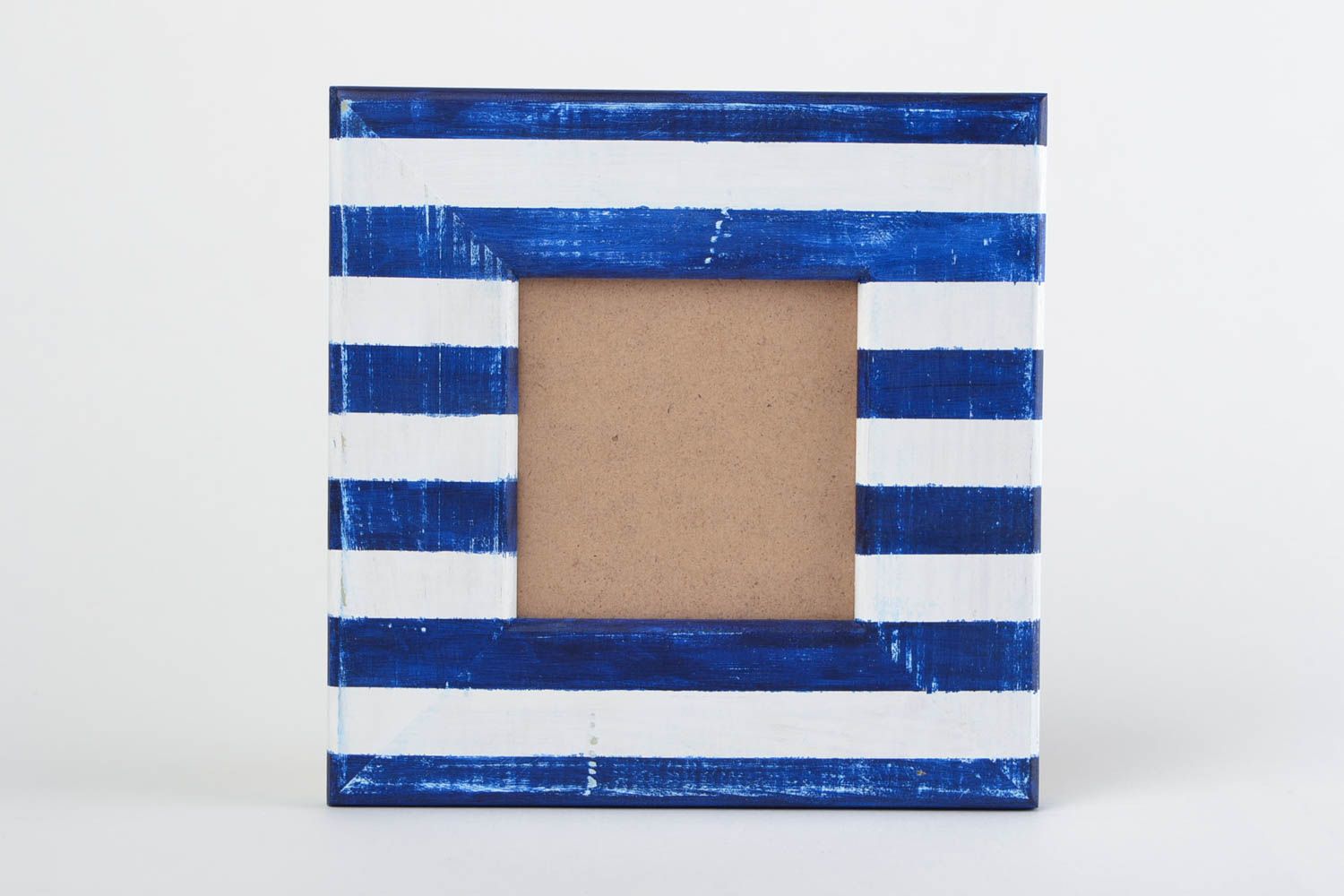 Quadratischer Fotorahmen aus Holz mit Bemalung gestreift blau weiß handmade foto 3