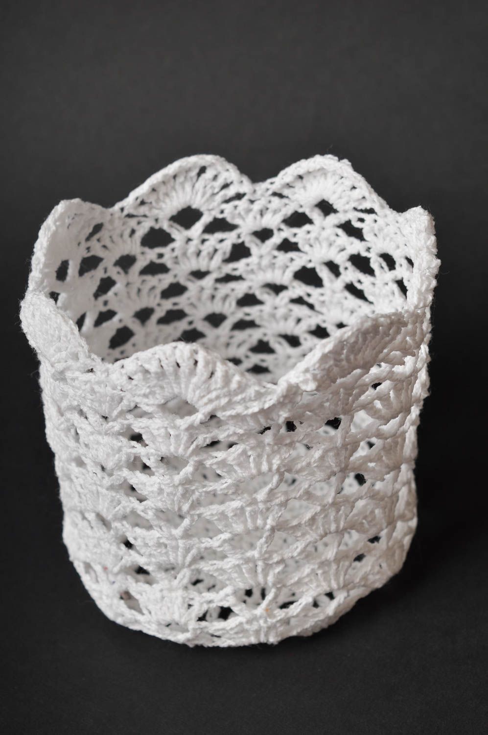 Cache-verre fait main Porte-gobelet blanc tricoté en coton Accessoire cuisine photo 3