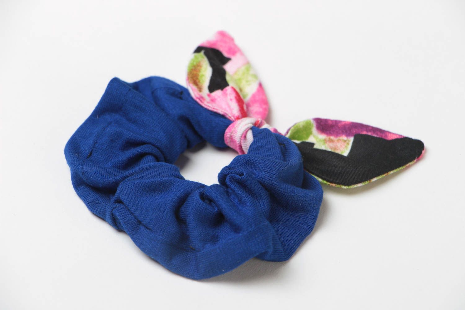 Handmade decorative bright blue fabric hair band with colorful dolly bow photo 3