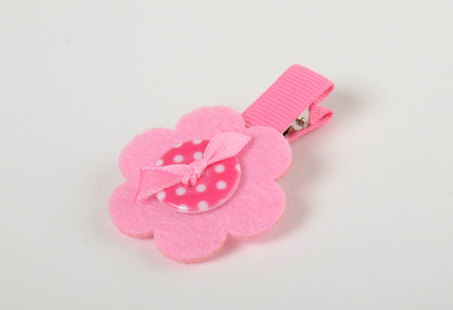 Pink hair clip made of rep ribbons fleece handmade children's hair accessory photo 2