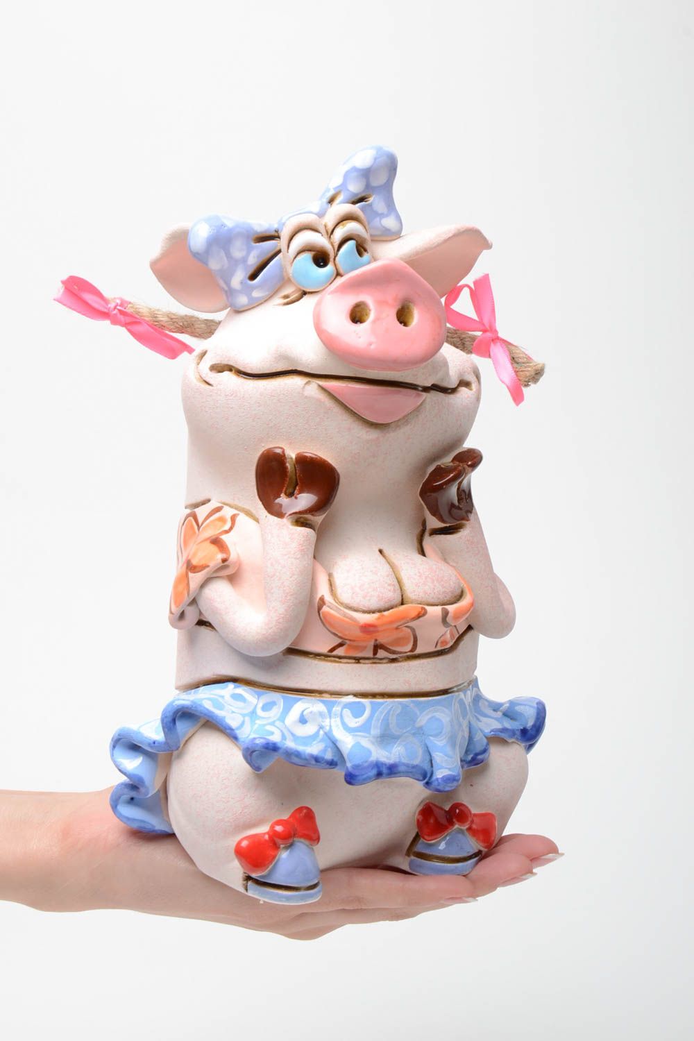 Large handmade interior money box made of clay painted with pigments cute pig photo 5