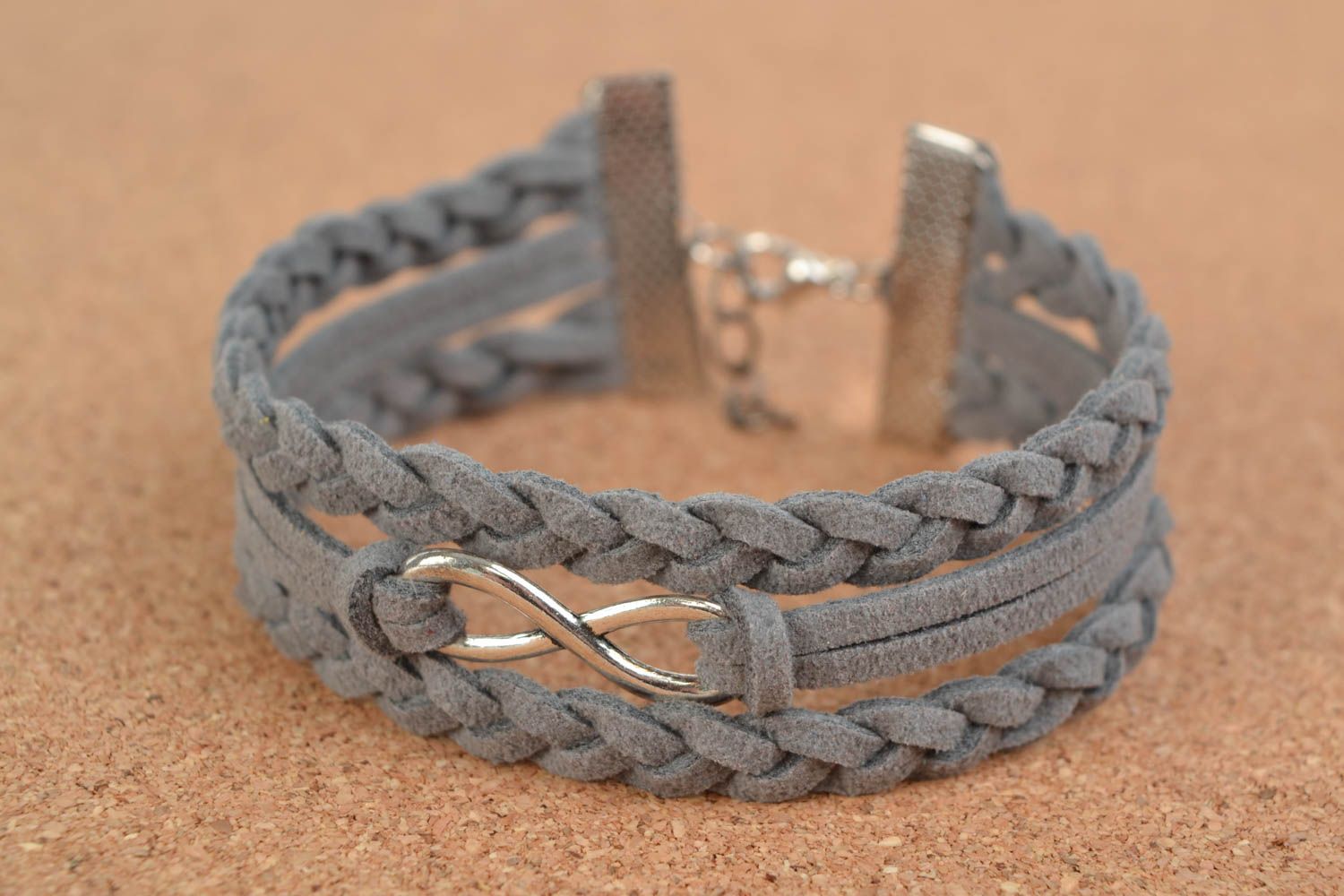 Handmade multi row gray suede cord woven wrist bracelet with metal infinity sign photo 1