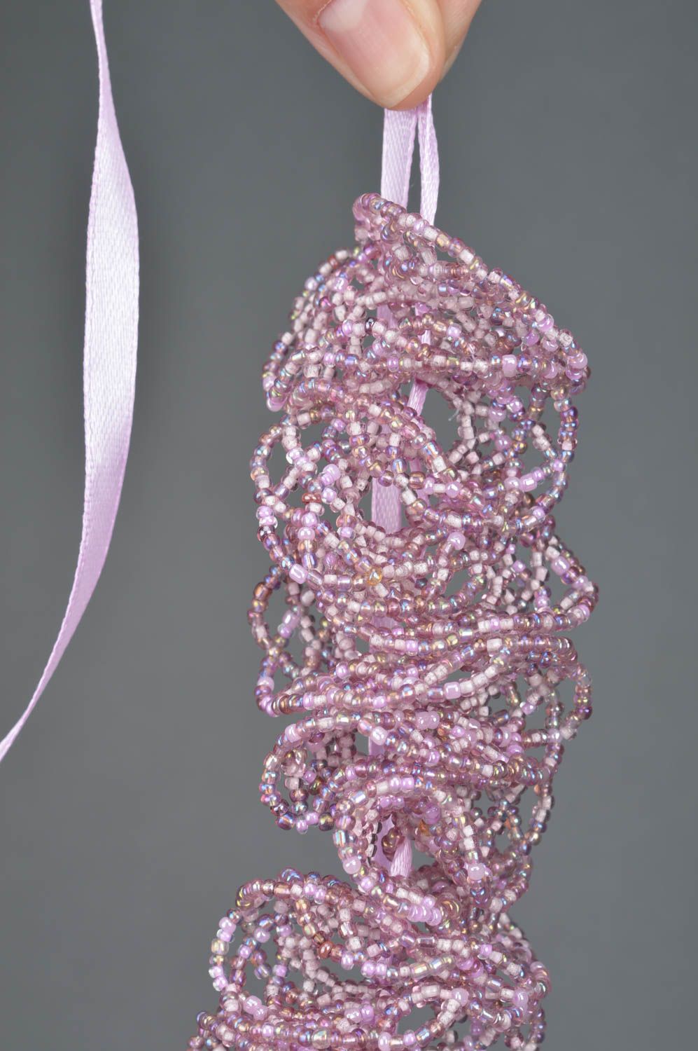 Beautiful handmade designer lilac beaded lace bracelet with ribbons photo 3