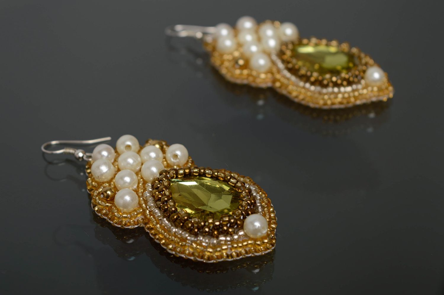 Handmade beaded earrings with artificial gems photo 1