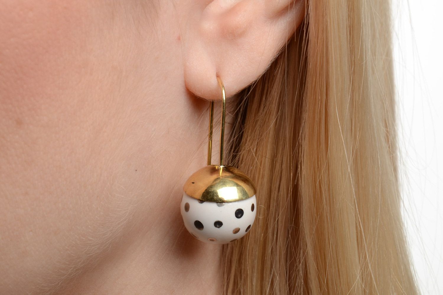 Handmade polka dot ceramic ball earrings in brass frame with long ear wires photo 5