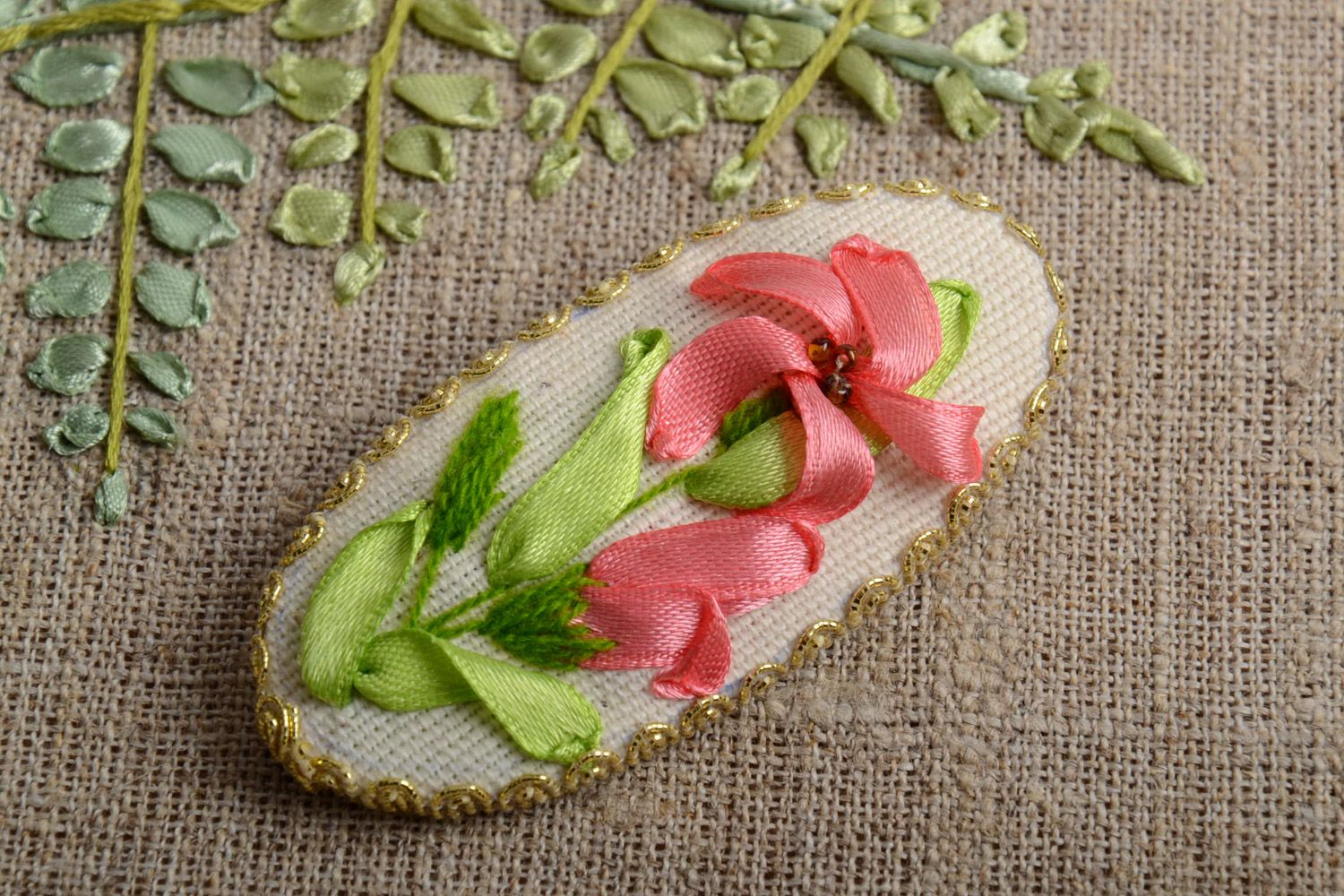 Handmade large elegant oval brooch with ribbon embroidery handmade photo 1