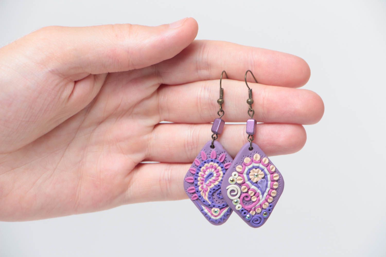 Lilac earrings made of polymer clay with patterns handmade summer accessory photo 5