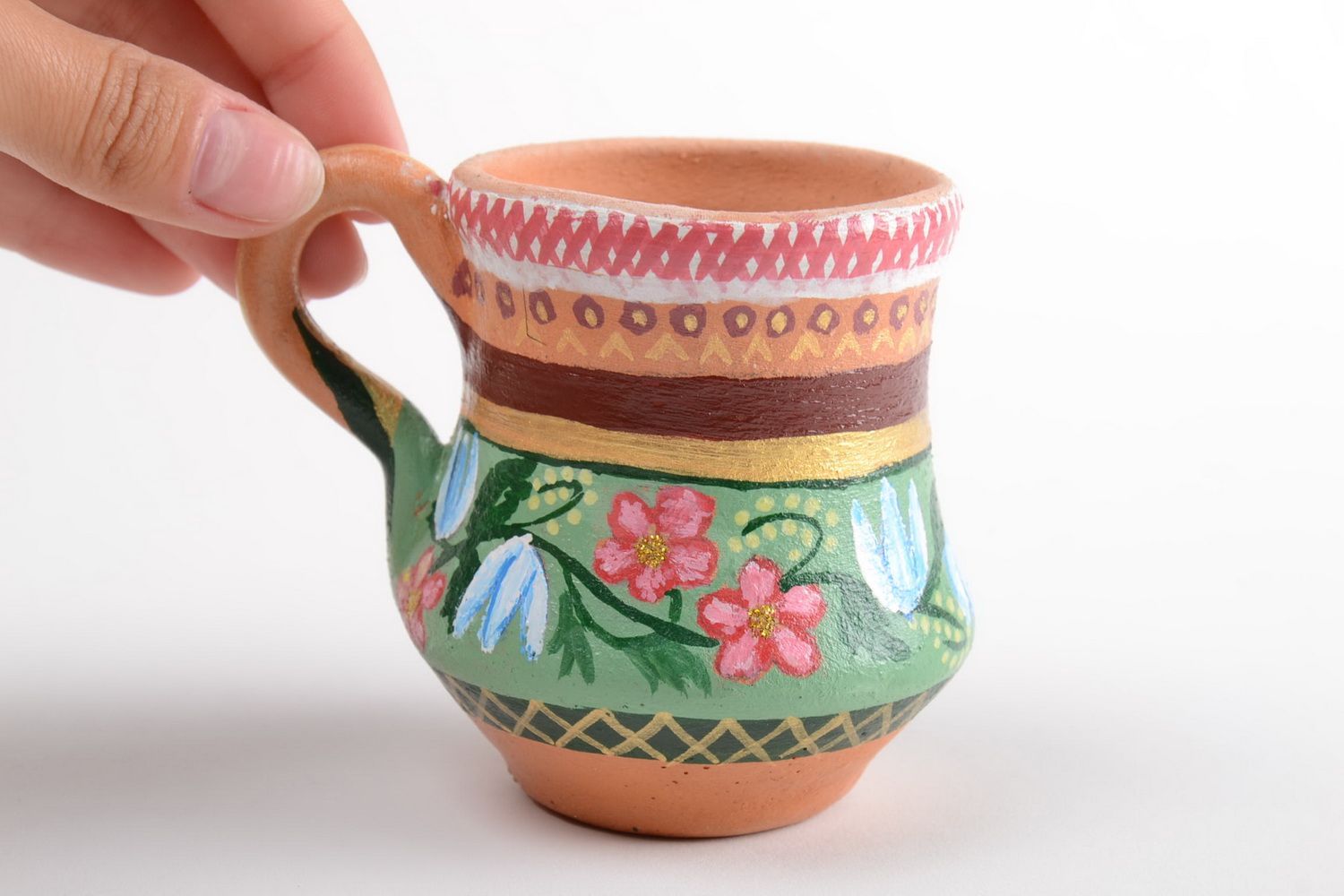 Ceramic glazed drinking cup in the shape of a pitcher with a handle photo 2