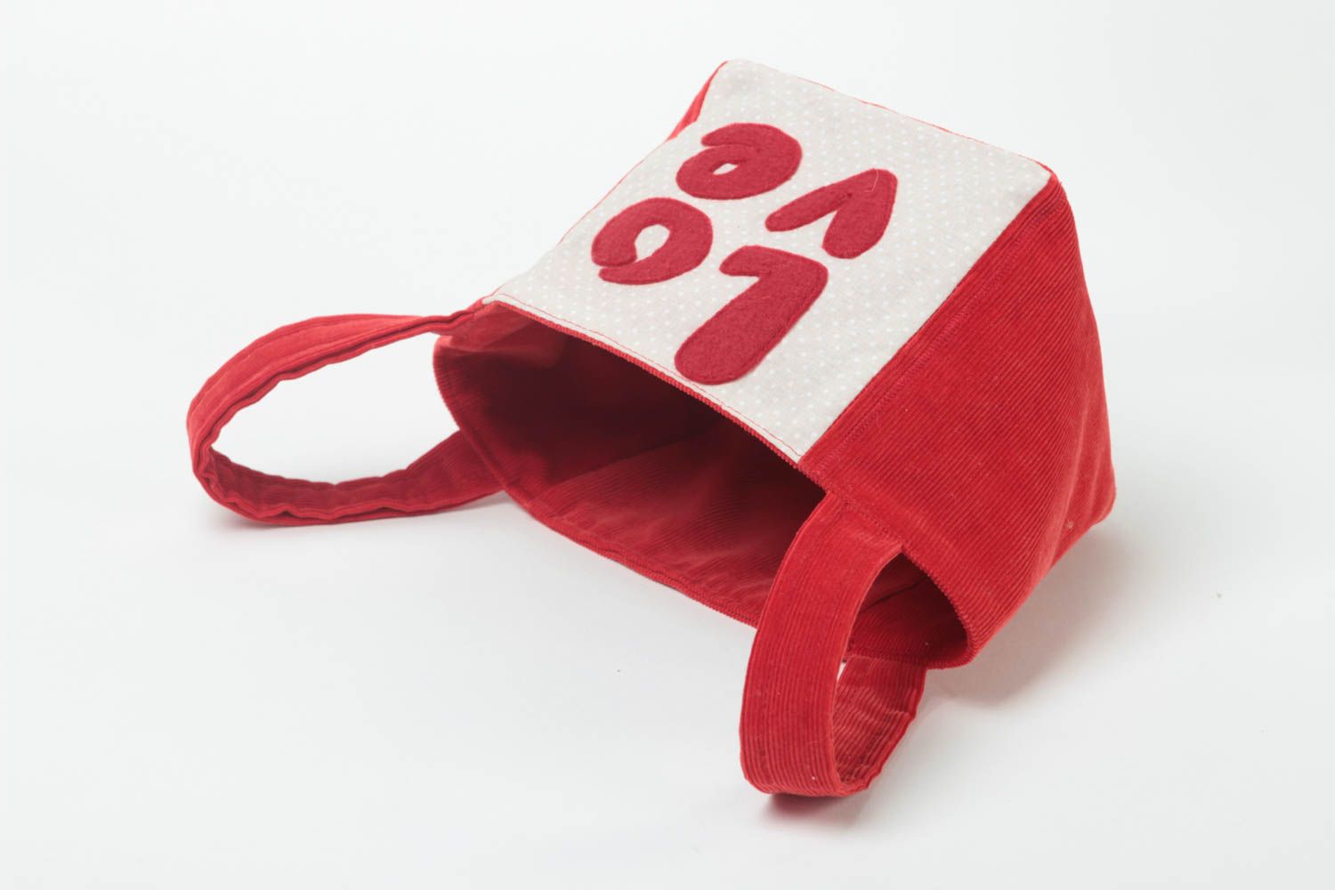 Мягкая корзина для игрушек красная с надписью Love из хлопка ручной работы фото 4