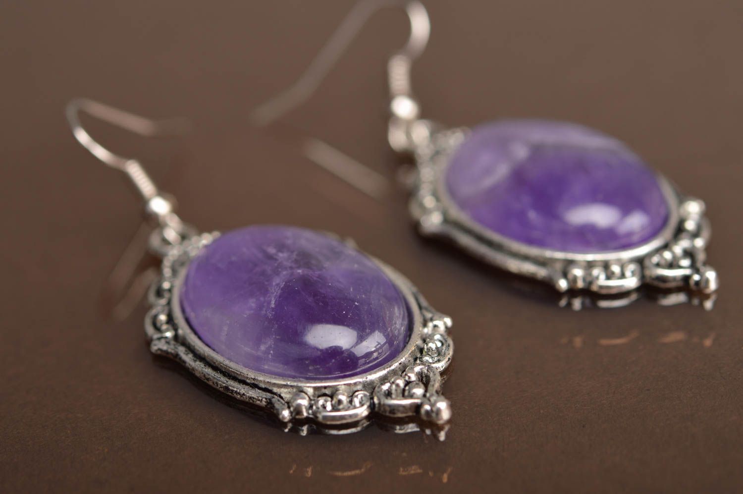 Handmade designer violet oval metal earrings with stone in vintage style photo 2