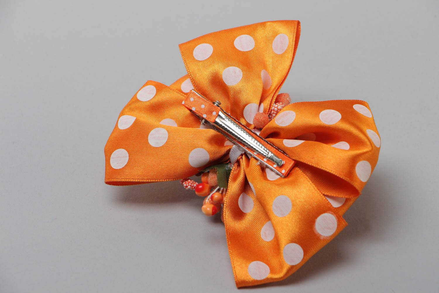 Handmade hair clip bow made of satin ribbons with polymer clay flowers photo 4
