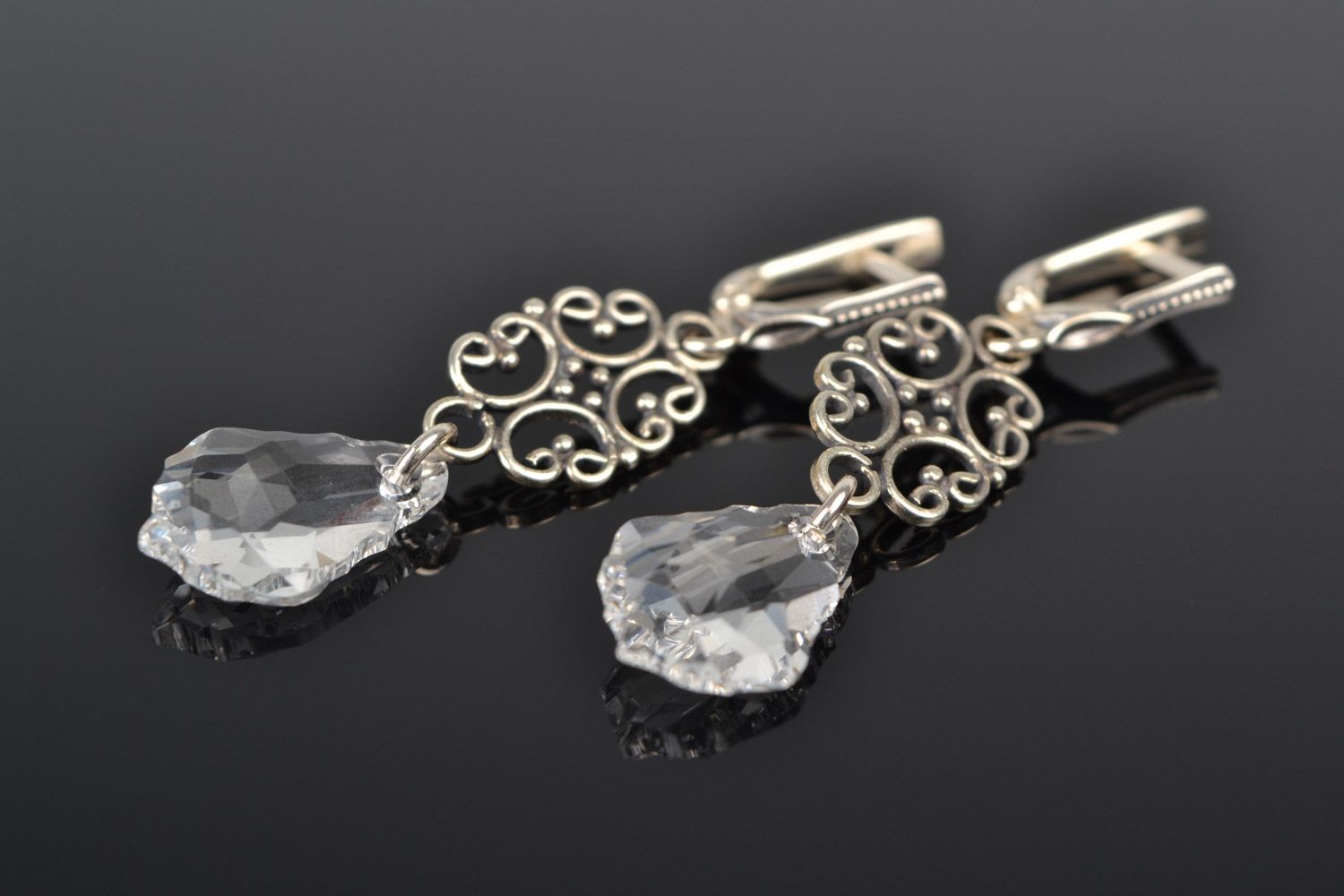 Transparent handmade designer long evening earrings with Austrian crystals photo 3