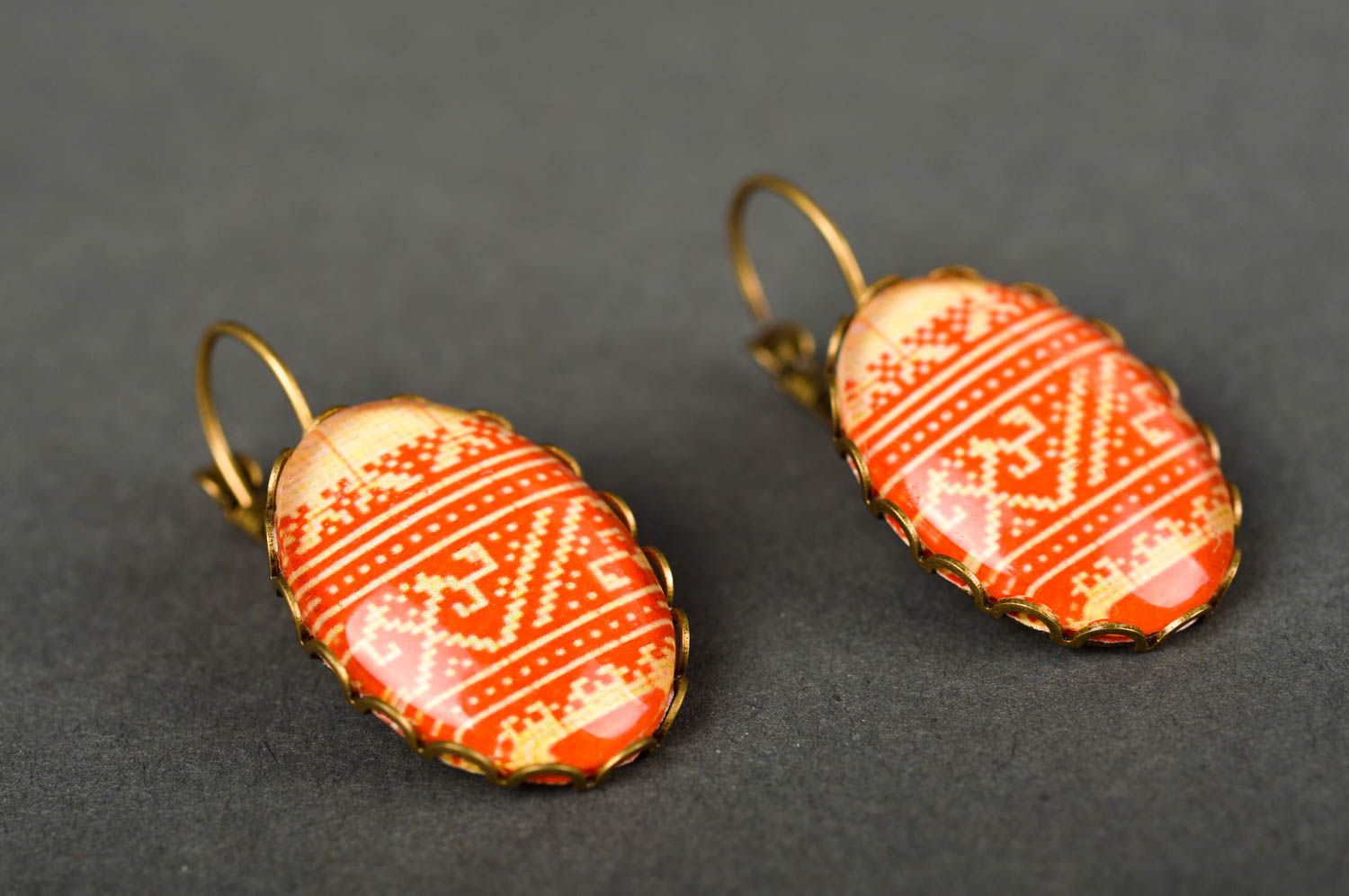 Handmade earrings with print handmade jewelry cabochon earrings vintage jewelry photo 2