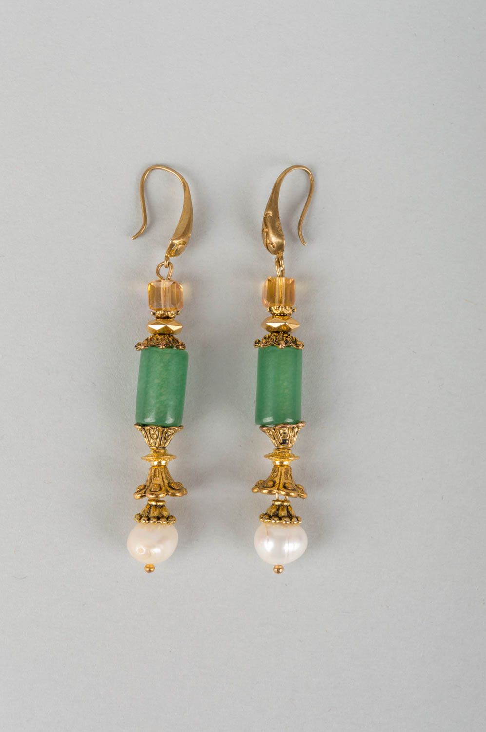 Beautiful long handmade designer metal earrings with aventurine and pearls photo 2