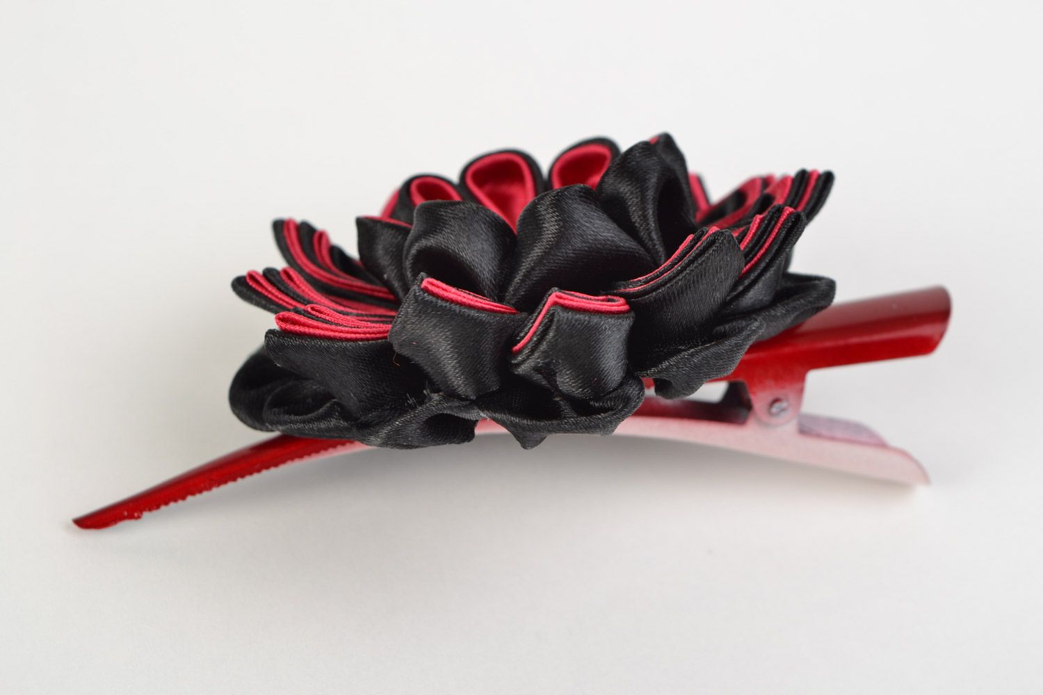 Red and black handmade satin ribbon kanzashi hair clip photo 5