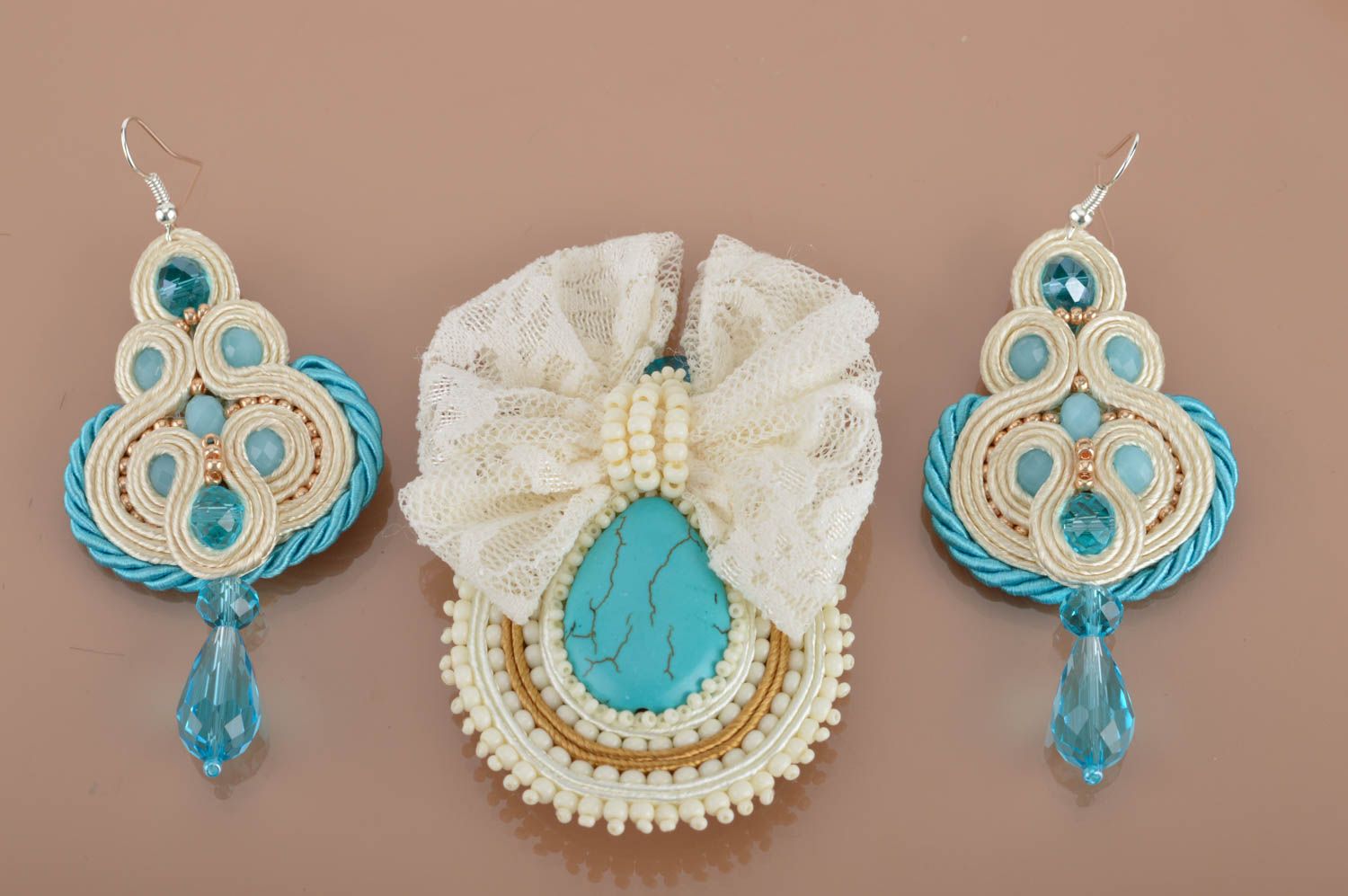Beige and blue handmade designer jewelry set soutache earrings and brooch photo 2