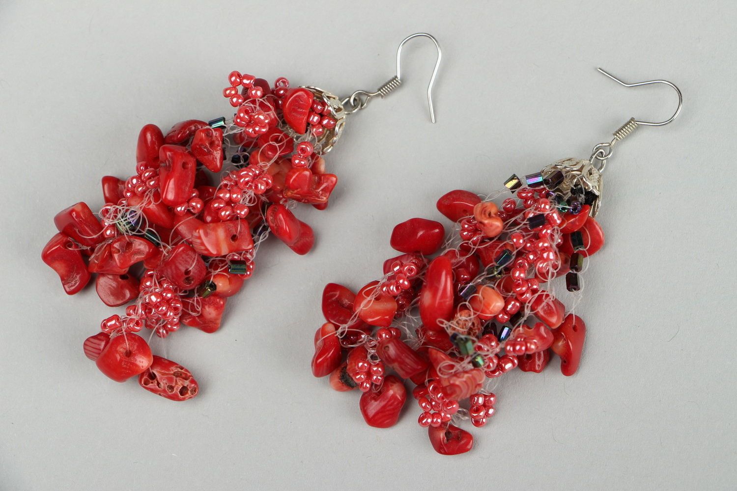 Handmade designer earrings woven of Czech beads and coral pieces photo 1