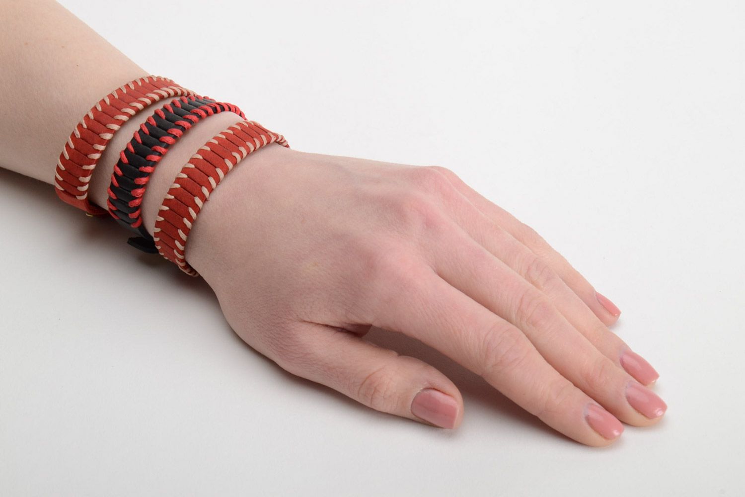 Set of unusual handmade genuine leather wrist bracelets 3 items photo 5
