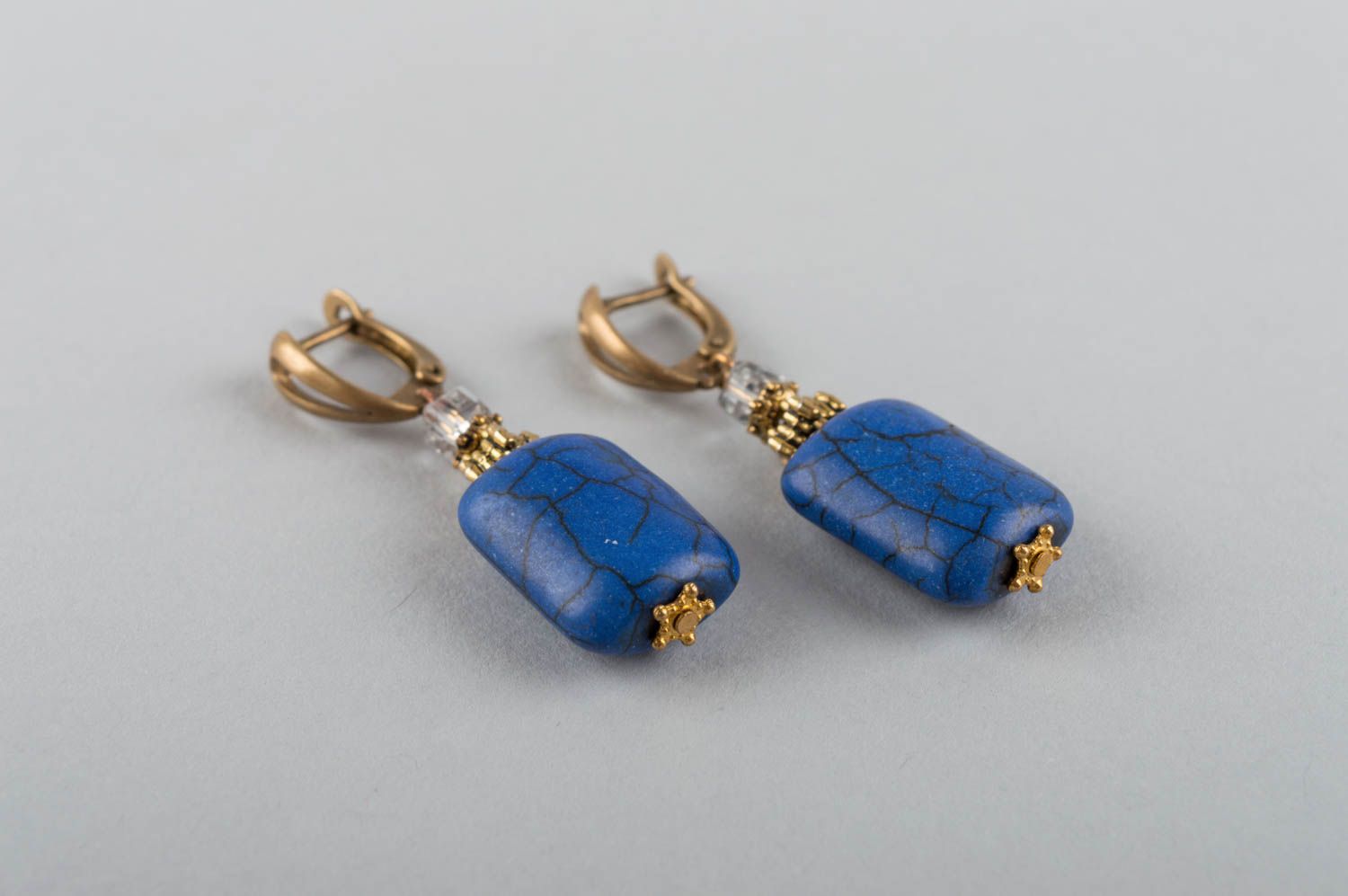 Designer beautiful evening blue handmade earrings made of howlite and brass photo 3