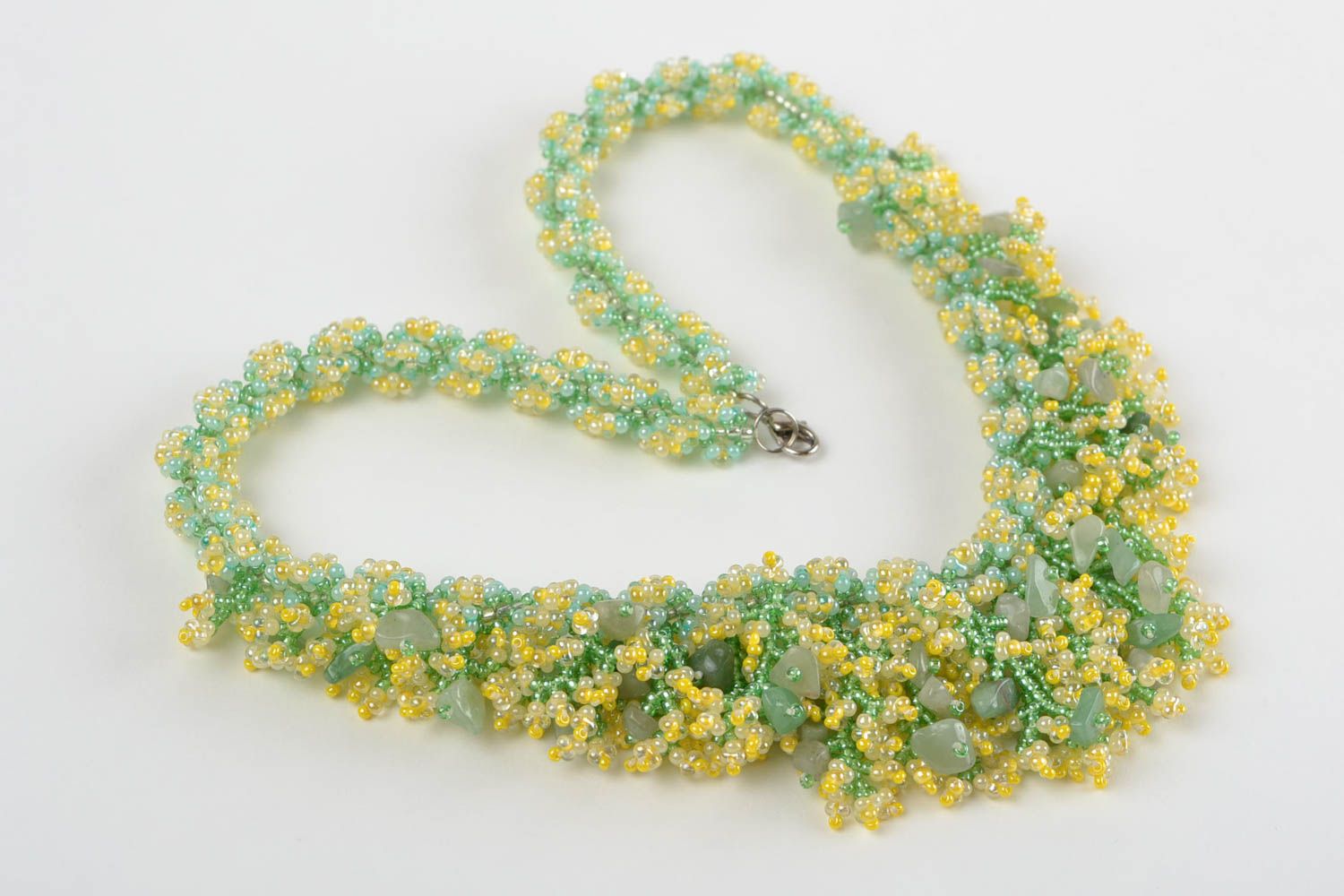 Unusual handmade designer beaded necklace with natural stones green and yellow photo 4