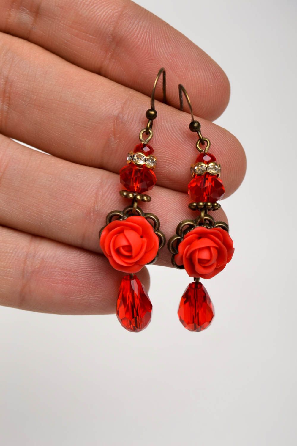 Handmade designer red earrings elegant flower earrings polymer clay jewelry photo 5