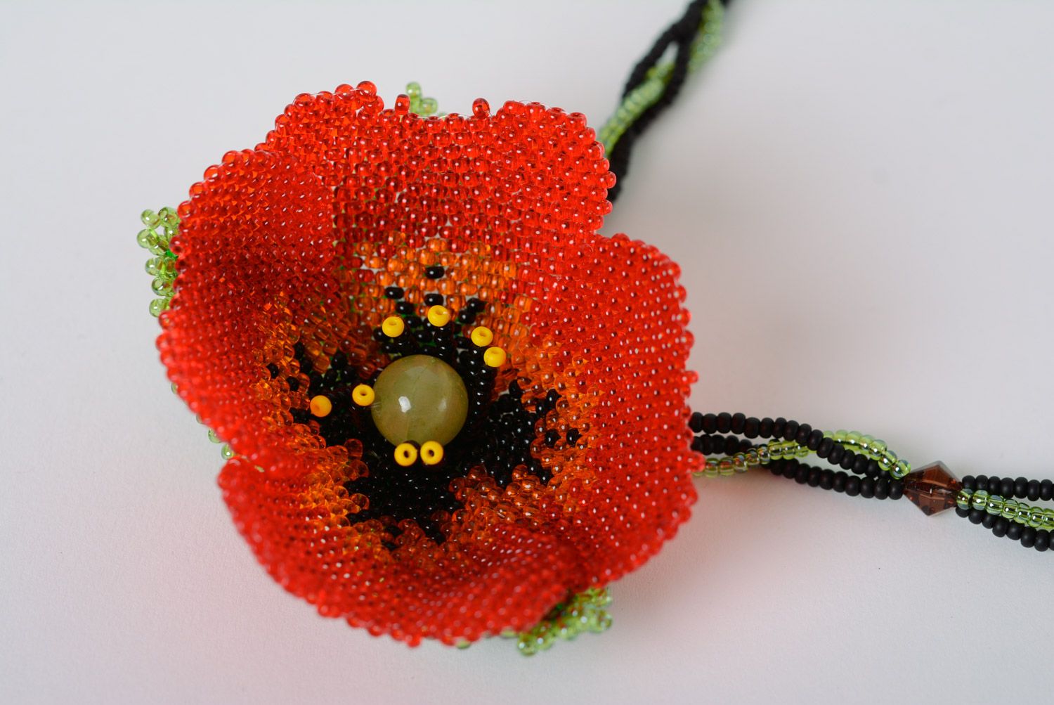 Handmade magnificent long necklace woven of beads in the shape of poppy flower photo 3
