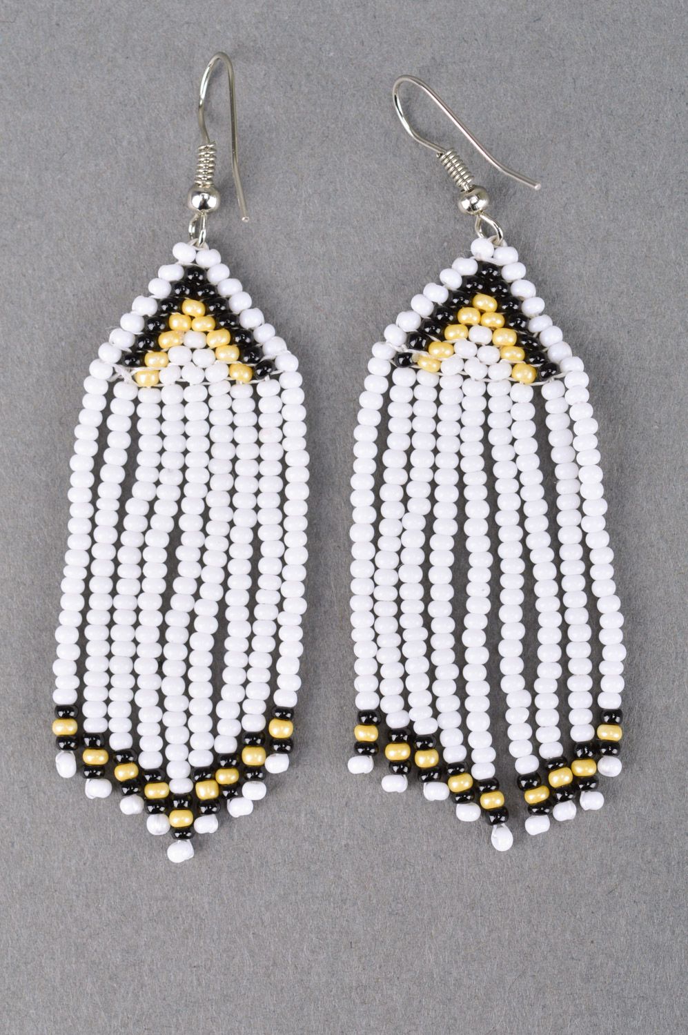 Unusual stylish beautiful handmade beaded earrings with fringe White photo 2