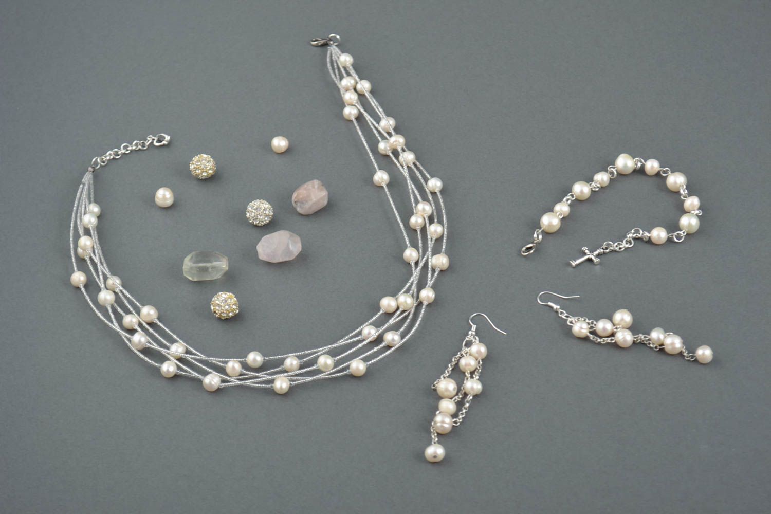 Handmade jewelry set beaded necklace dangling earrings pearl bracelet  photo 1