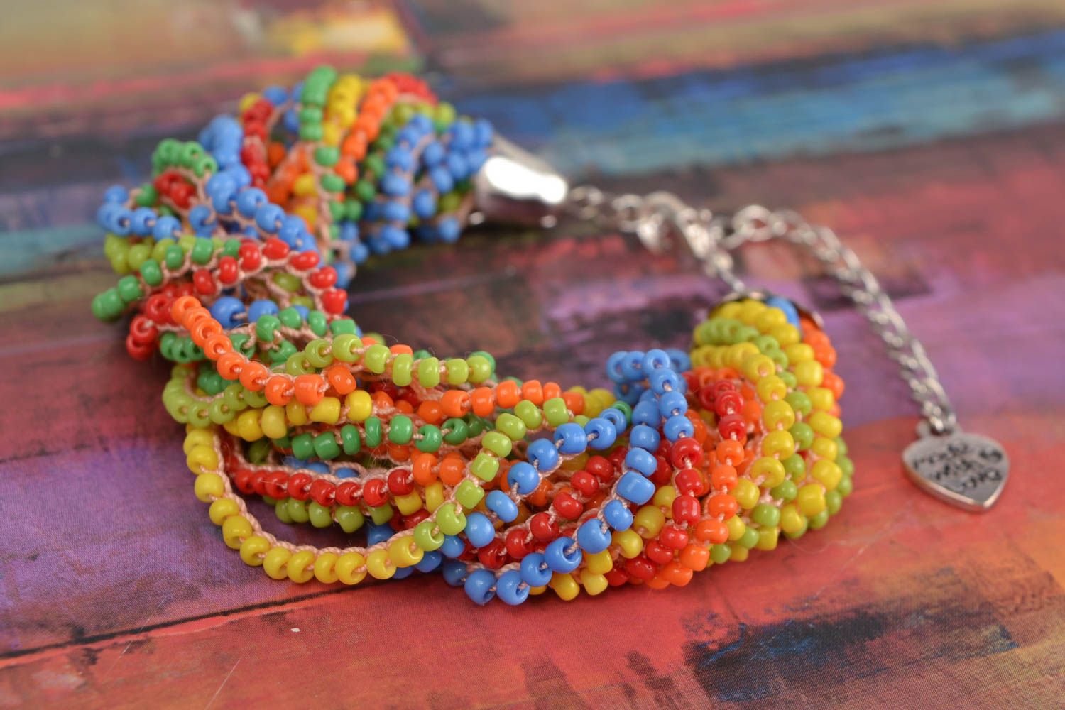 Handmade colorful wrist bracelet crocheted of cotton threads and seed beads photo 1